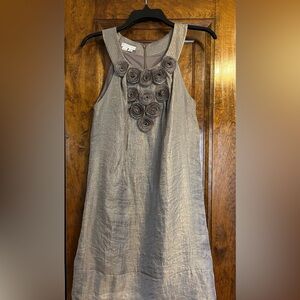 London Times Elegant Sleeveless Metallic Dress with Rosette Detail